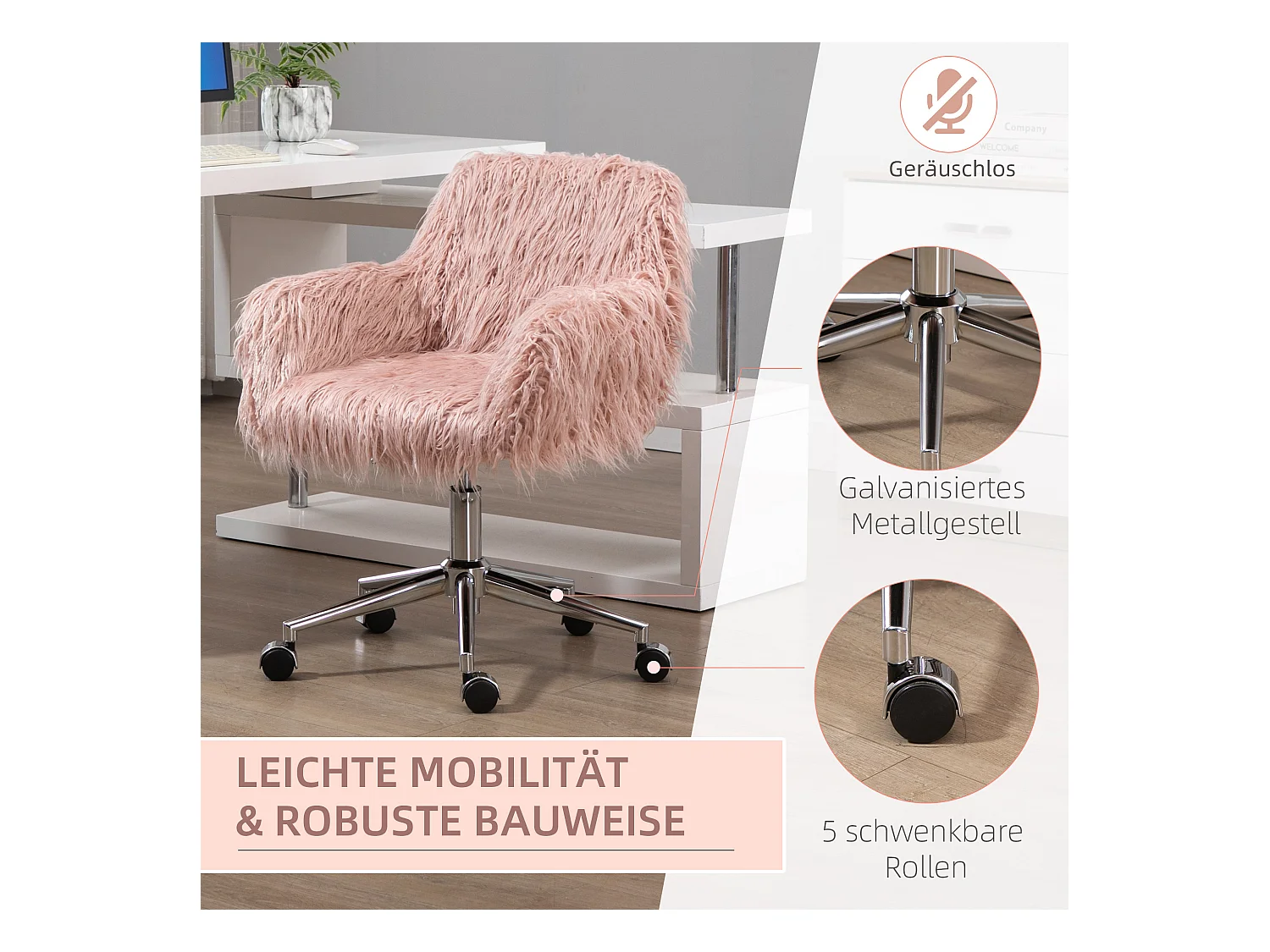Chaise de bureau pour femmes, ergonomique, simili cuir, rose et argent (57x60x85 cm)