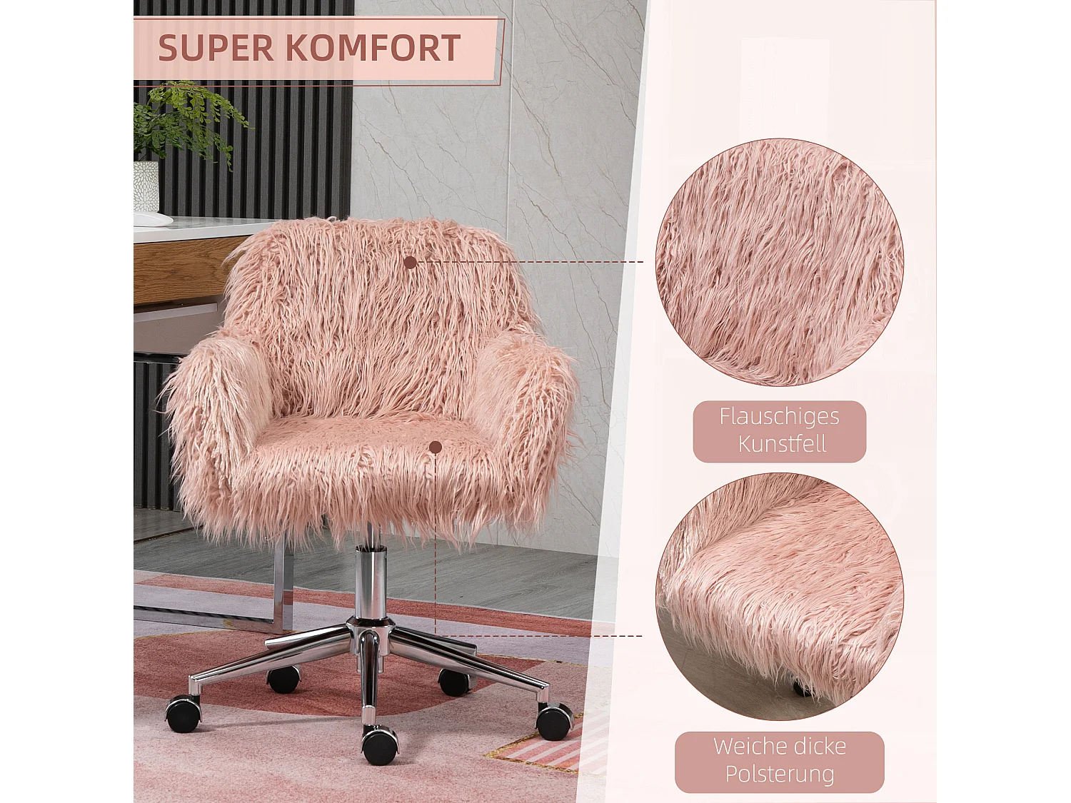 Chaise de bureau pour femmes, ergonomique, simili cuir, rose et argent (57x60x85 cm)