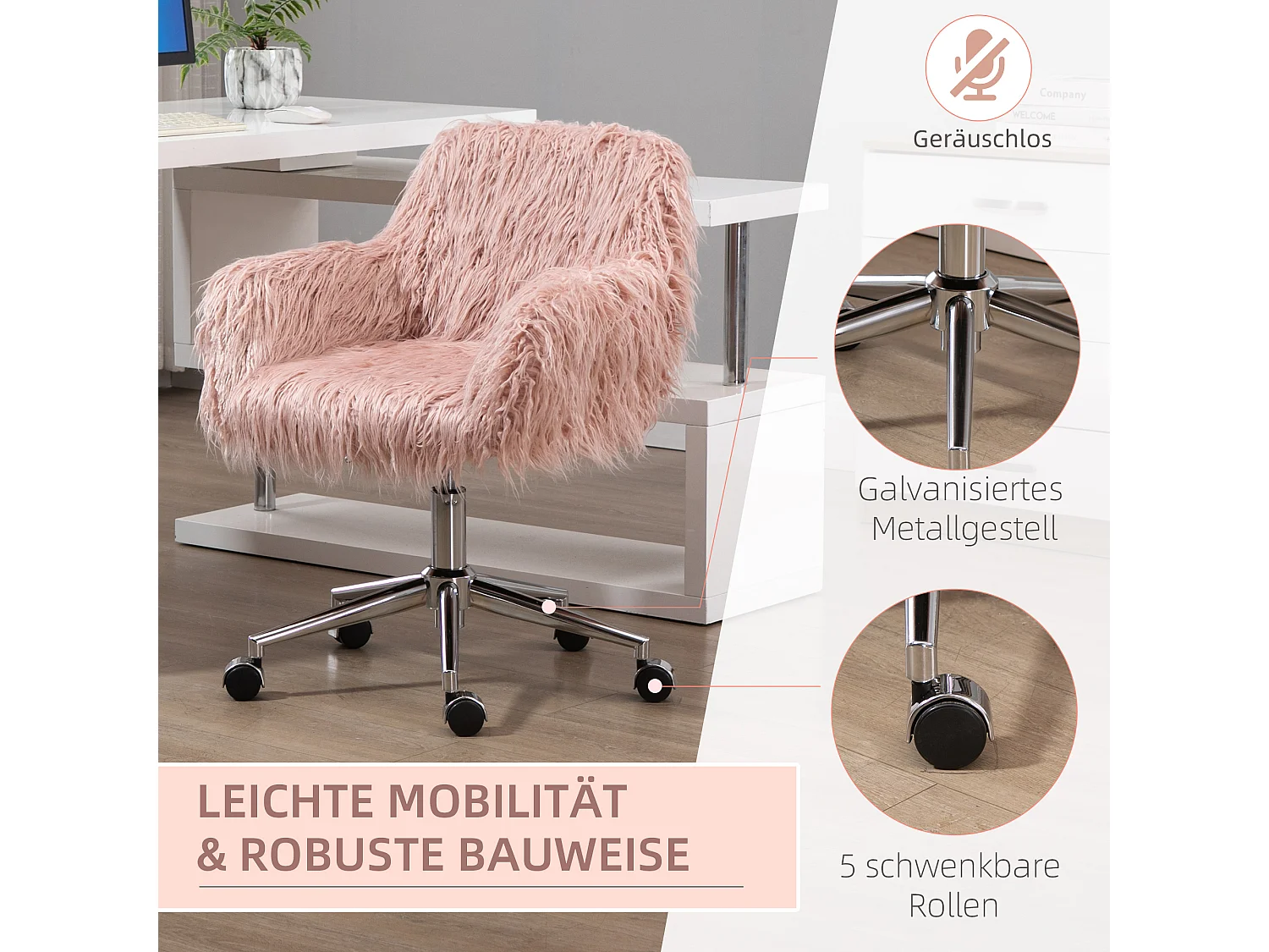 Chaise de bureau pour femmes, ergonomique, simili cuir, rose et argent (57x60x85 cm)