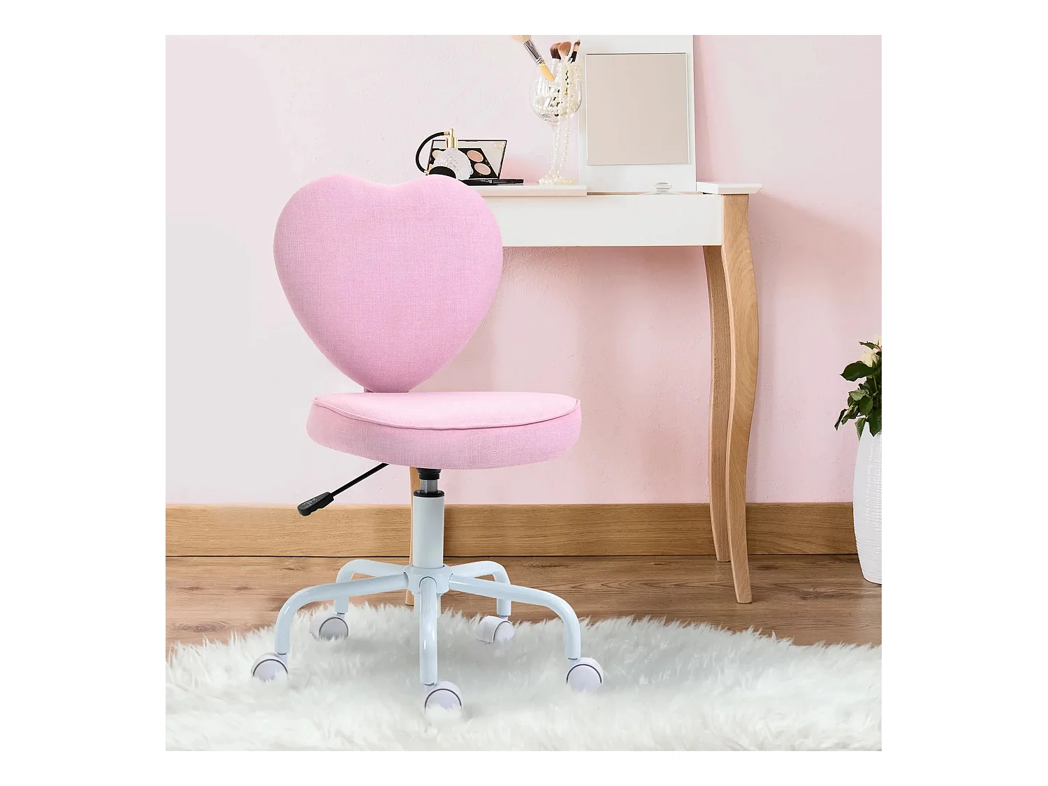 Silla de oficina con respaldo en forma de corazón, tela de lino, regulable en altura, rosa (40x50x89 cm)