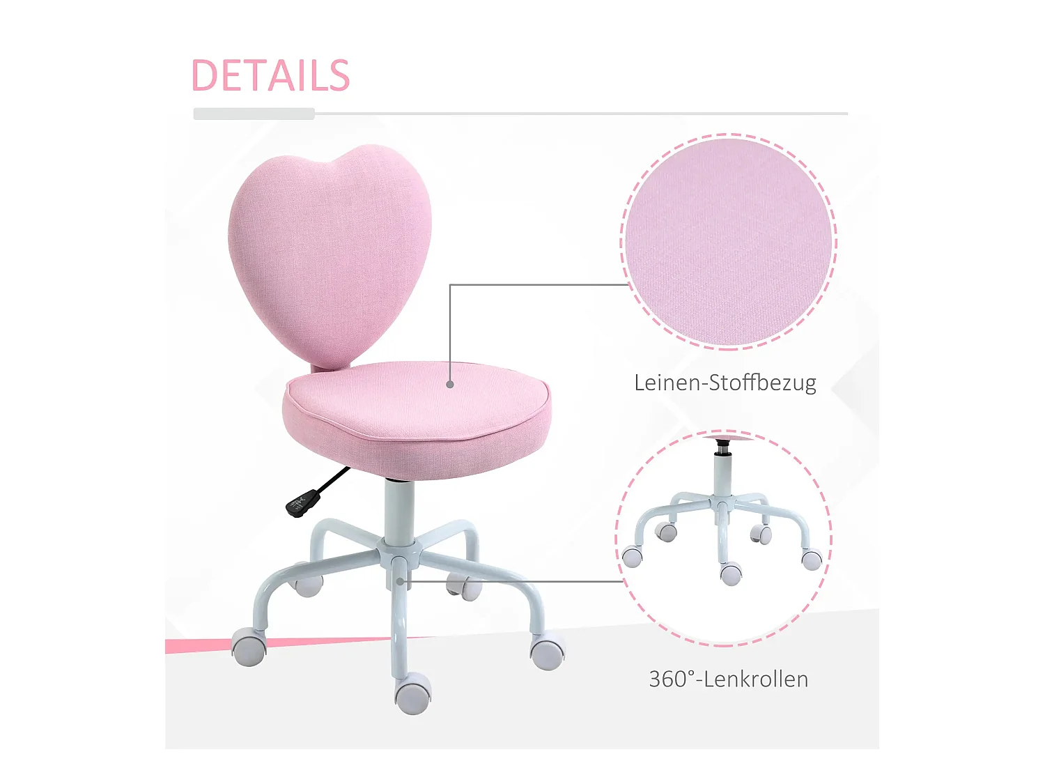 Silla de oficina con respaldo en forma de corazón, tela de lino, regulable en altura, rosa (40x50x89 cm)