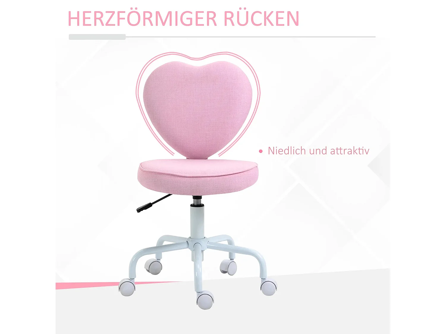Fauteuil de bureau avec dossier en forme de cœur, tissu lin, réglable en hauteur, rose (40x50x89 cm)
