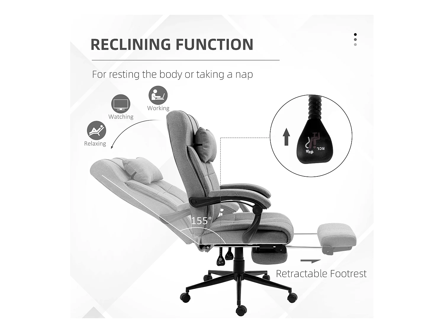 Chaise de bureau ergonomique avec dossier réglable, tissu en lin, gris clair (66x70x116-124 cm)