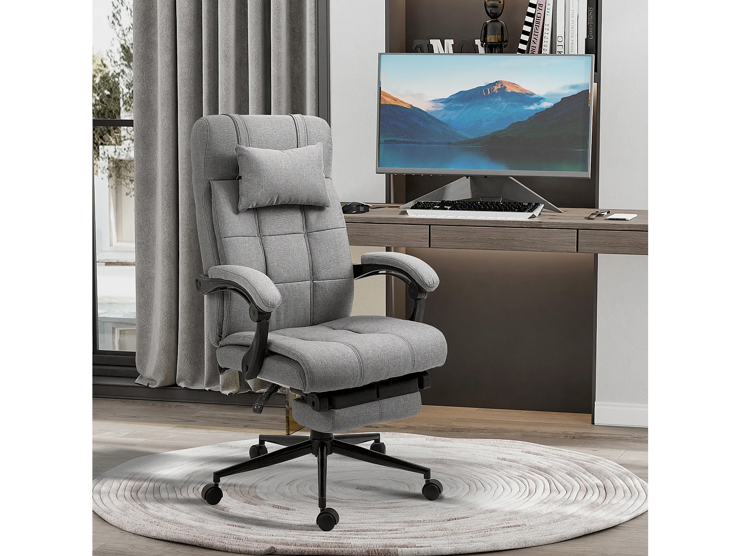 Chaise de bureau ergonomique avec dossier réglable, tissu en lin, gris clair (66x70x116-124 cm)