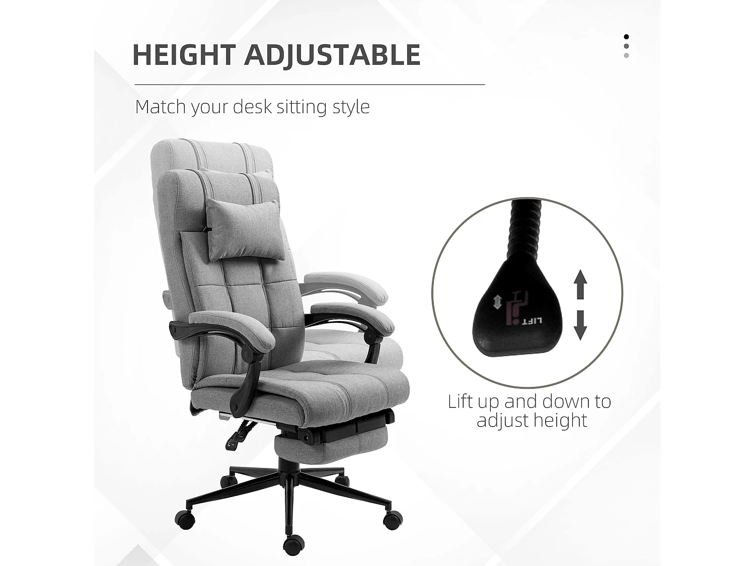 Chaise de bureau ergonomique avec dossier réglable, tissu en lin, gris clair (66x70x116-124 cm)