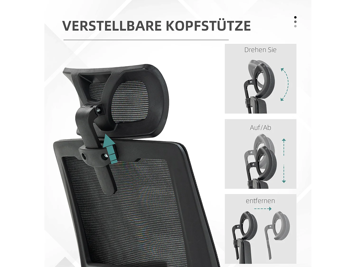 Chaise de bureau ergonomique avec appui-tête et accoudoirs, fauteuil pivotant avec fonction bascule, réglable en hauteur, revêtement en maille, noir (58x61x119 cm)