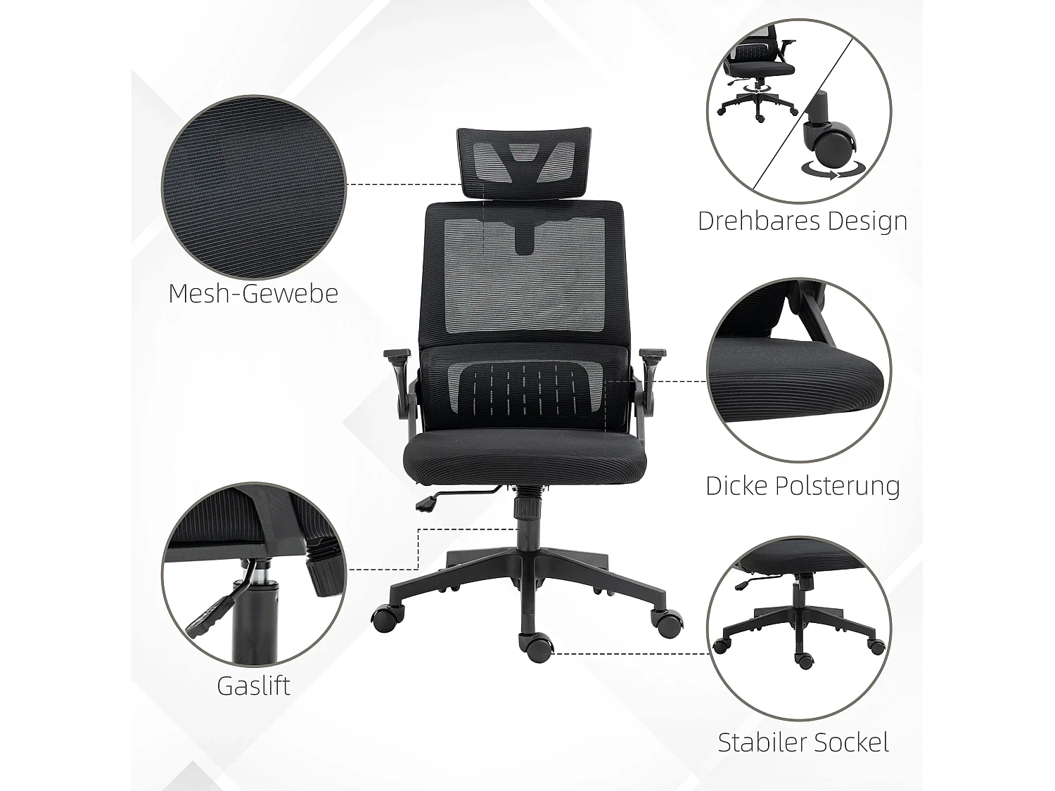 Chaise de bureau ergonomique avec appui-tête et accoudoirs, fauteuil pivotant avec fonction bascule, réglable en hauteur, revêtement en maille, noir (58x61x119 cm)