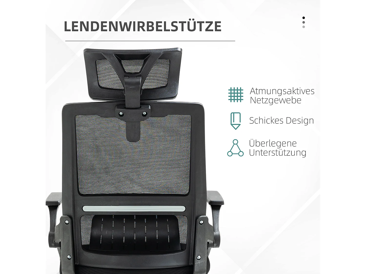 Chaise de bureau ergonomique avec appui-tête et accoudoirs, fauteuil pivotant avec fonction bascule, réglable en hauteur, revêtement en maille, noir (58x61x119 cm)