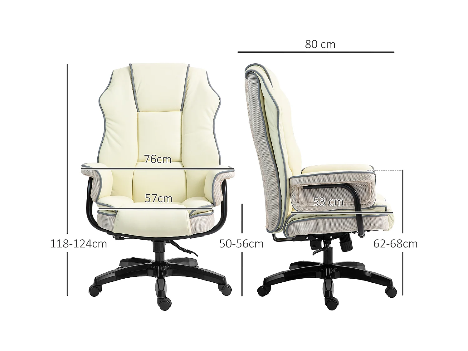 Chaise de bureau ergonomique avec dossier réglable, siège réglable en hauteur avec fonction inclinable, crème (76x80x124 cm)