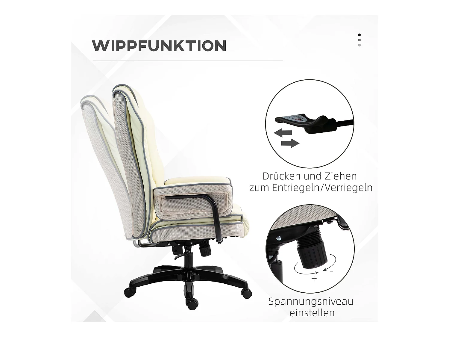 Chaise de bureau ergonomique avec dossier réglable, siège réglable en hauteur avec fonction inclinable, crème (76x80x124 cm)