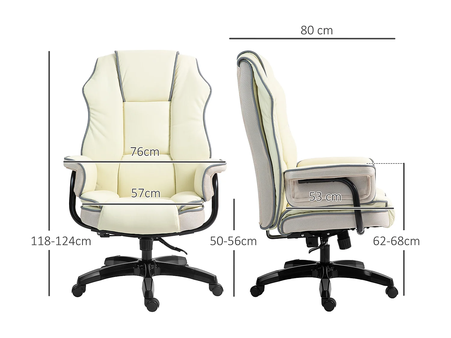 Chaise de bureau ergonomique avec dossier réglable, siège réglable en hauteur avec fonction inclinable, crème (76x80x124 cm)