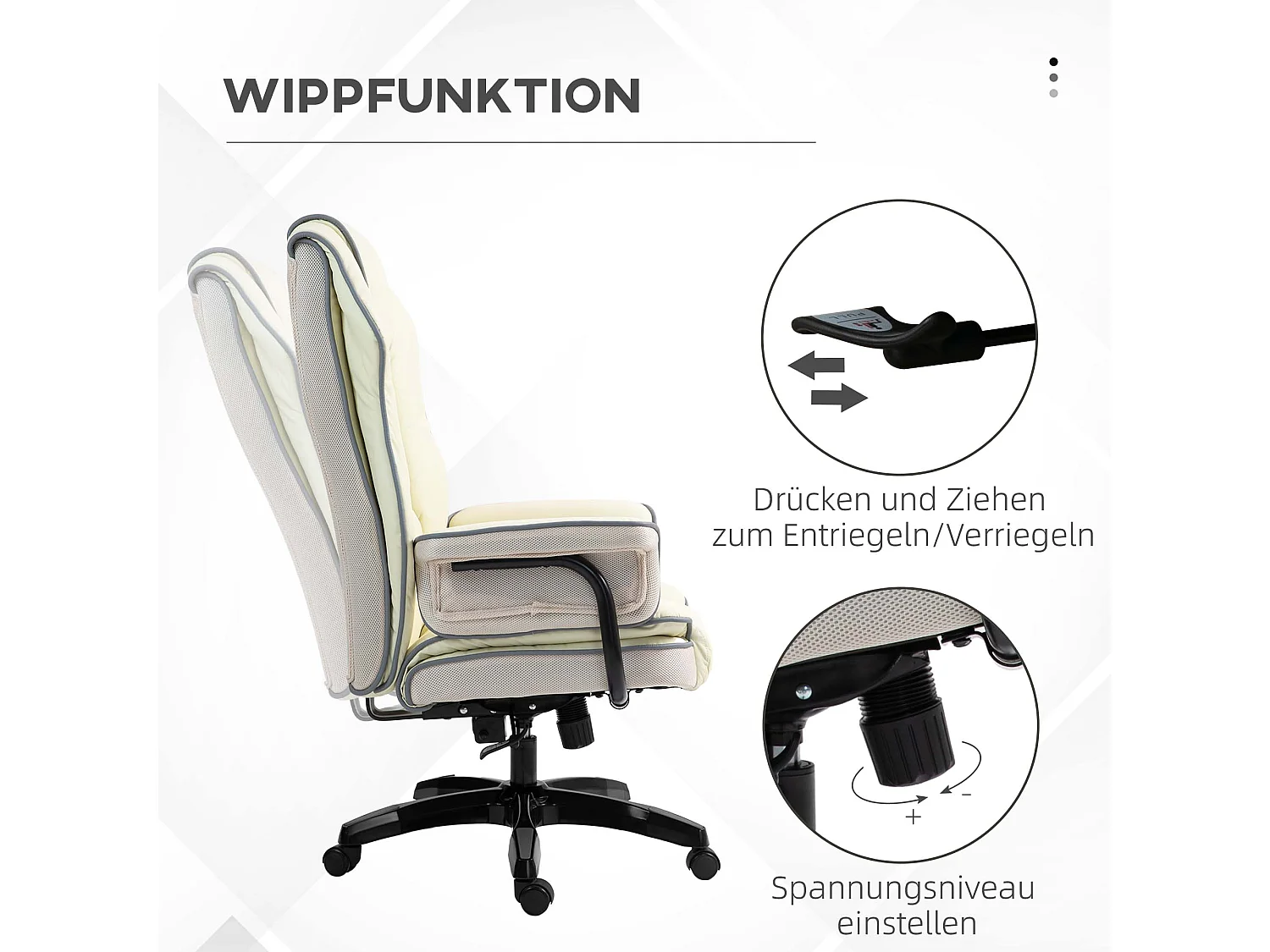 Chaise de bureau ergonomique avec dossier réglable, siège réglable en hauteur avec fonction inclinable, crème (76x80x124 cm)