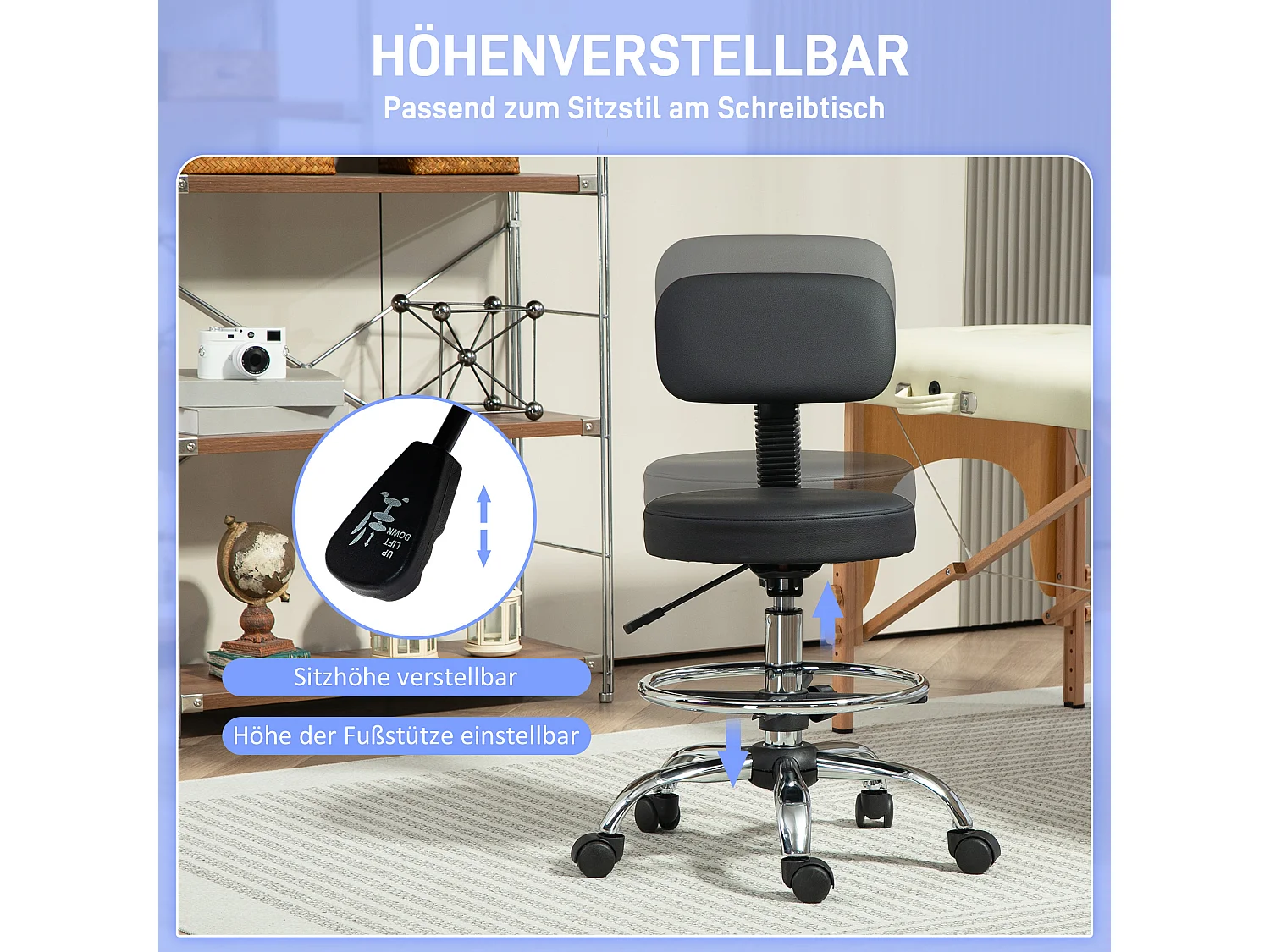 Chaise de bureau ergonomique avec repose-pieds, cuir synthétique, noir (52x52x78-92 cm)