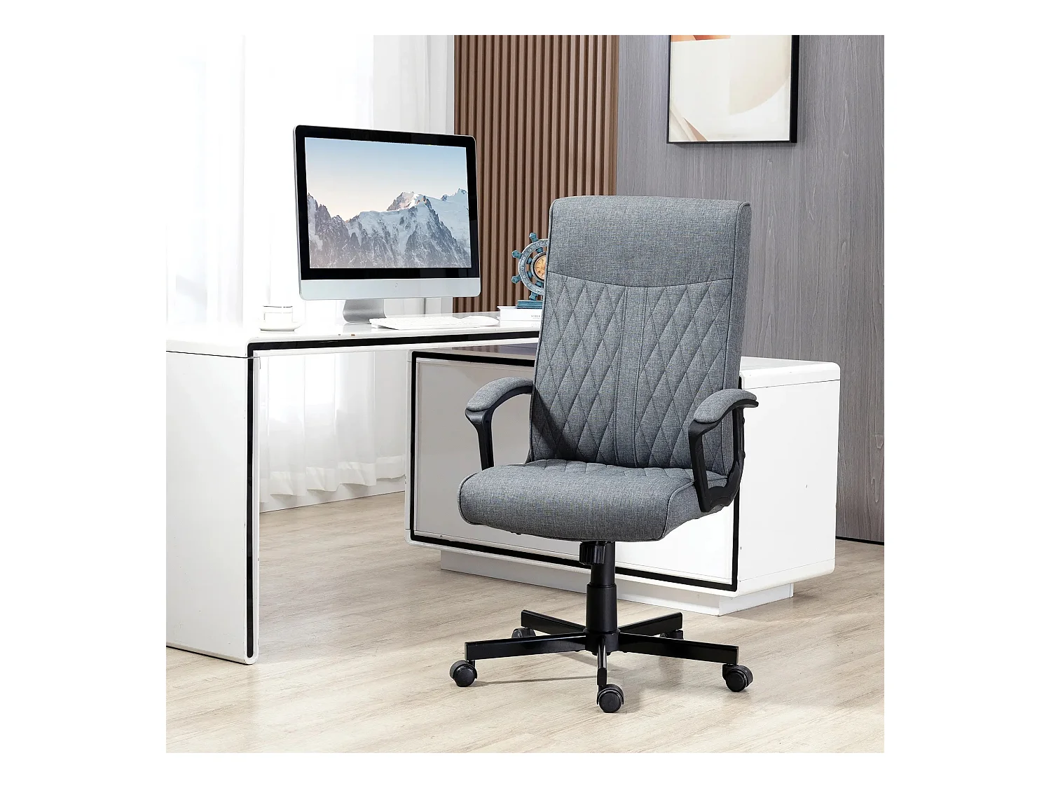 Fauteuil de bureau ergonomique avec fonction bascule, accoudoirs réglables, polyester, gris foncé (72x65x112.5cm)