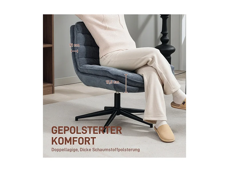 Fauteuil de bureau ergonomique sans accoudoirs, large siège, tissu lin, gris foncé (76x65.5x80 cm)