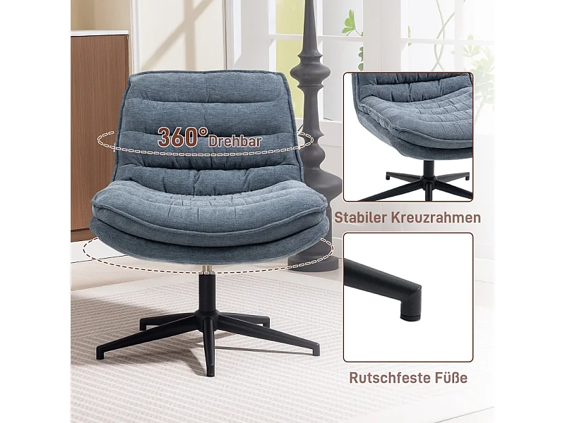 Fauteuil de bureau ergonomique sans accoudoirs, large siège, tissu lin, gris foncé (76x65.5x80 cm)