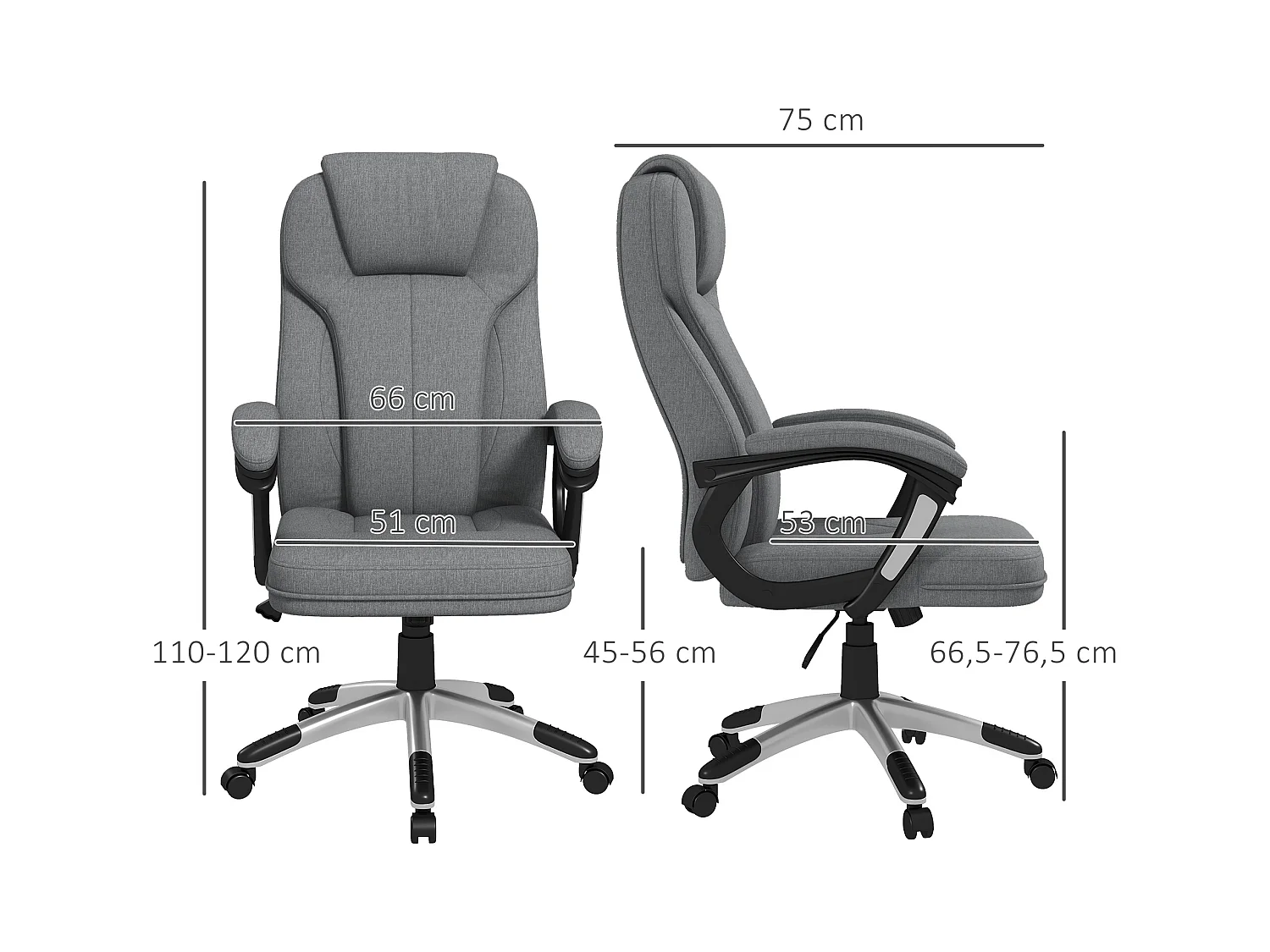 Chaise de bureau ergonomique avec fonction bascule, hauteur réglable, appui-tête, accoudoirs, tissu lin, gris (66x75x110-120 cm)