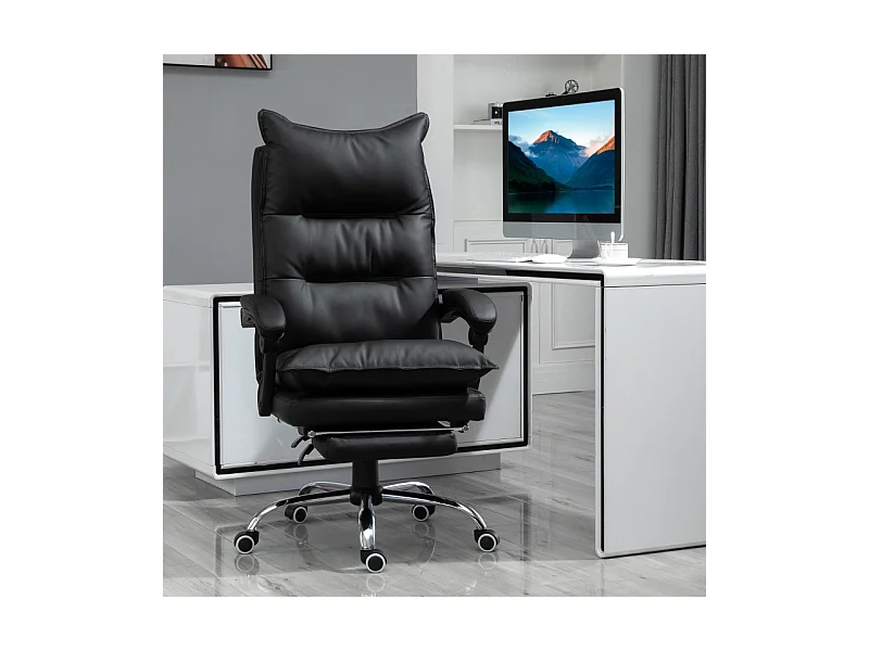 Bureau ergonomique, fauteuil pivotant avec appuie-tête et support lombaire, en simili-cuir noir, hauteur réglable avec repose-pieds (66x72x122-130 cm)