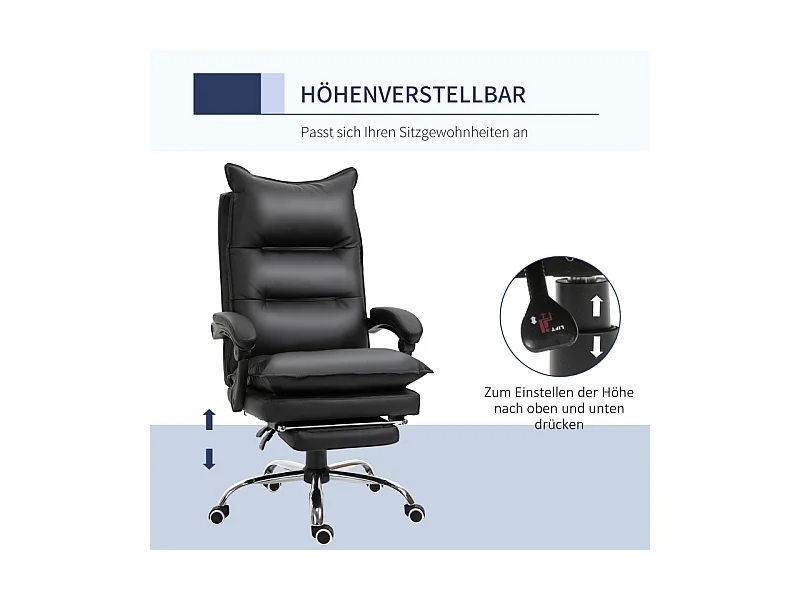 Bureau ergonomique, fauteuil pivotant avec appuie-tête et support lombaire, en simili-cuir noir, hauteur réglable avec repose-pieds (66x72x122-130 cm)