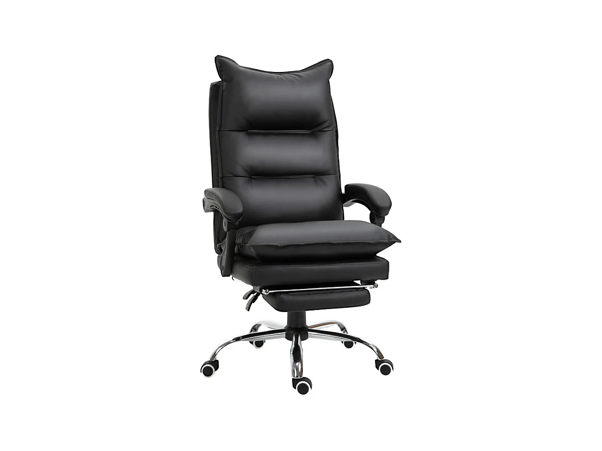 Bureau ergonomique, fauteuil pivotant avec appuie-tête et support lombaire, en simili-cuir noir, hauteur réglable avec repose-pieds (66x72x122-130 cm)