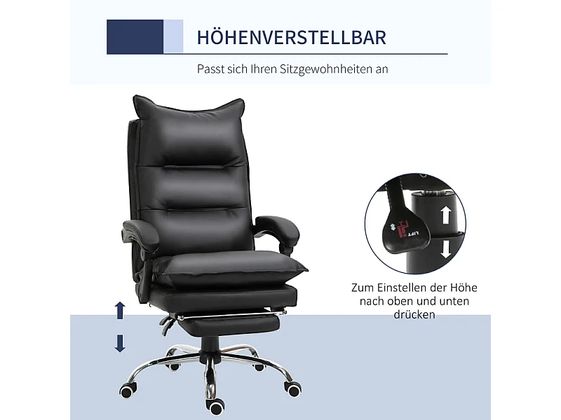 Ergonomische bureaustoel, draaistoel met hoofdsteun en lendensteun, in zwart imitatieleer, in hoogte verstelbaar met voetenbankje (66x72x122-130 cm)