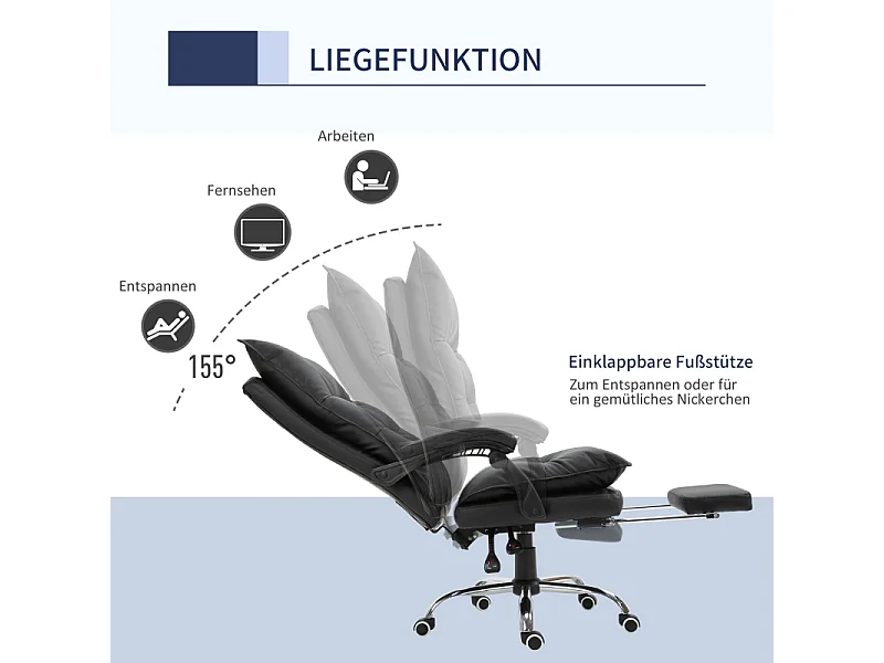 Ergonomische bureaustoel, draaistoel met hoofdsteun en lendensteun, in zwart imitatieleer, in hoogte verstelbaar met voetenbankje (66x72x122-130 cm)