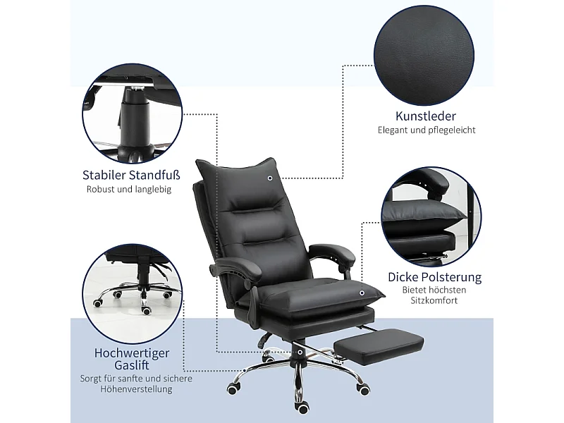 Ergonomische bureaustoel, draaistoel met hoofdsteun en lendensteun, in zwart imitatieleer, in hoogte verstelbaar met voetenbankje (66x72x122-130 cm)