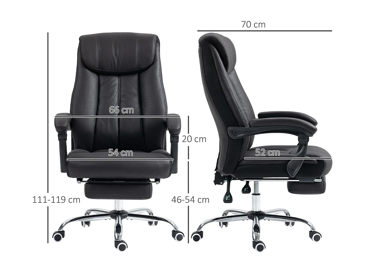 Fauteuil ergonomique de bureau avec fonction inclinaison 145°, revêtement microfibre, hauteur réglable, noir (66x70x119 cm)