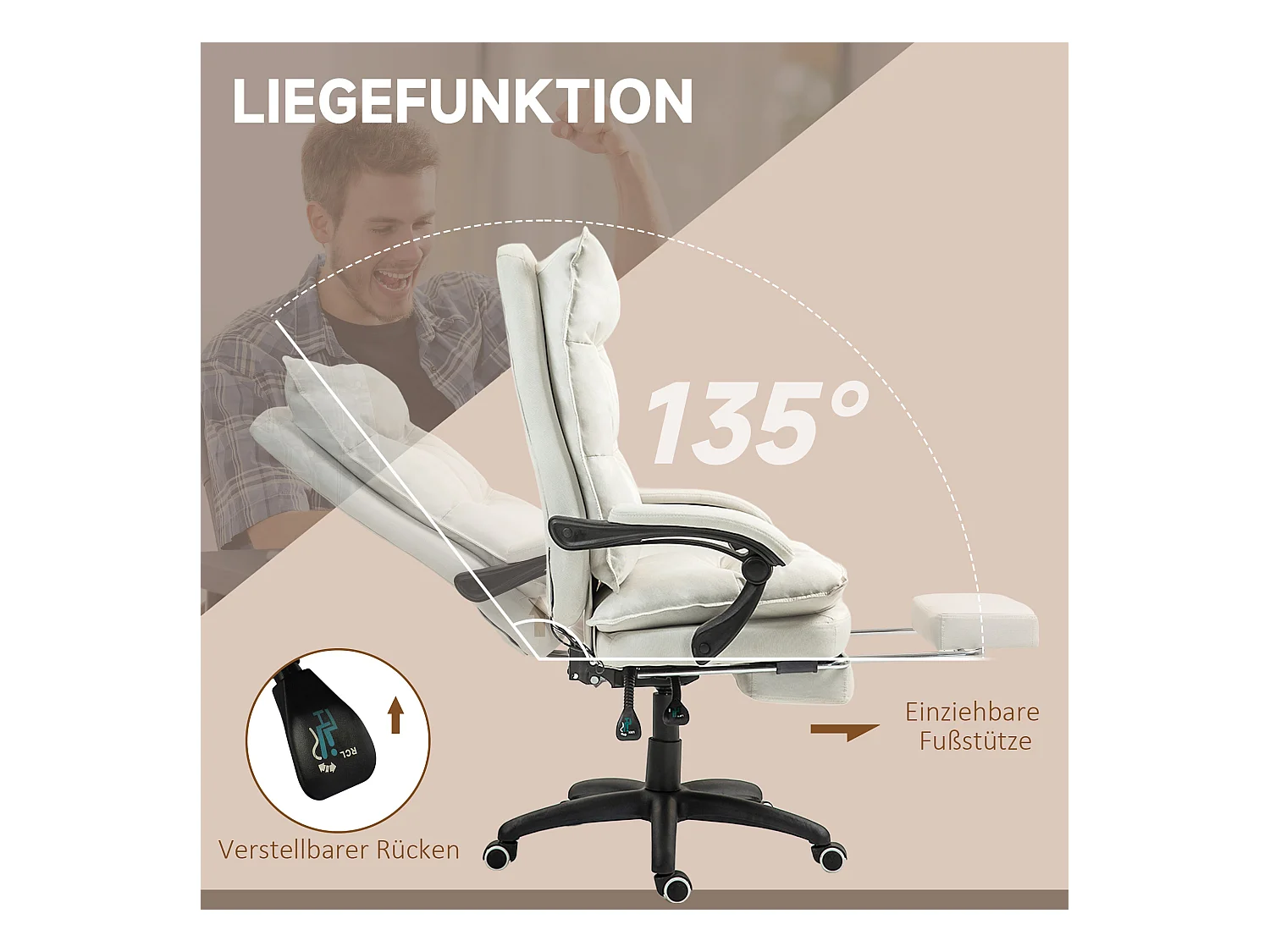 Fauteuil de bureau avec massage 6 points, inclinable, réglable, simili cuir crème (70x62x130cm)