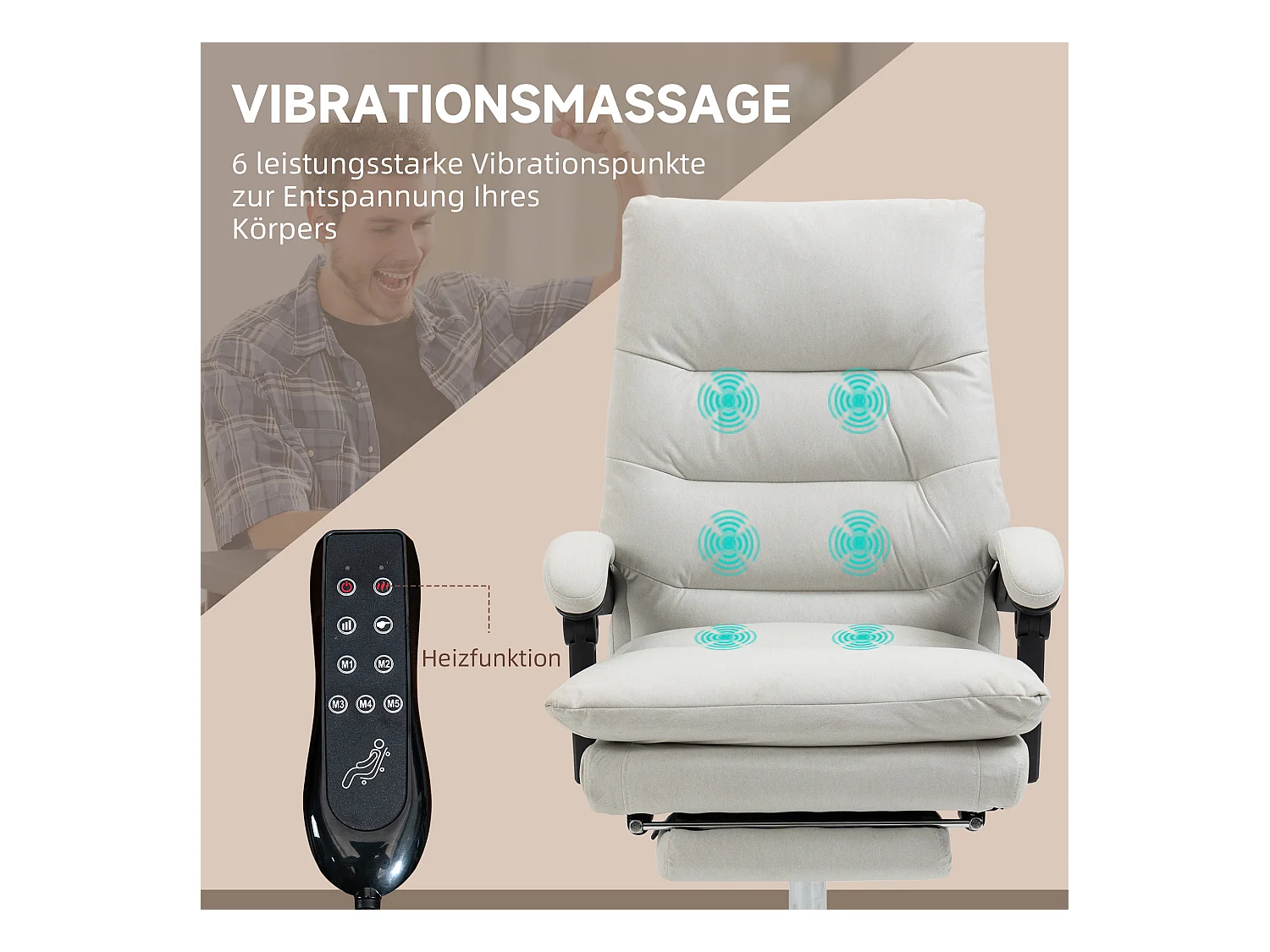 Chaise de bureau avec fonction massage, dossier inclinable à 135°, réglable en hauteur, simili cuir crème (65x72x109-117 cm)