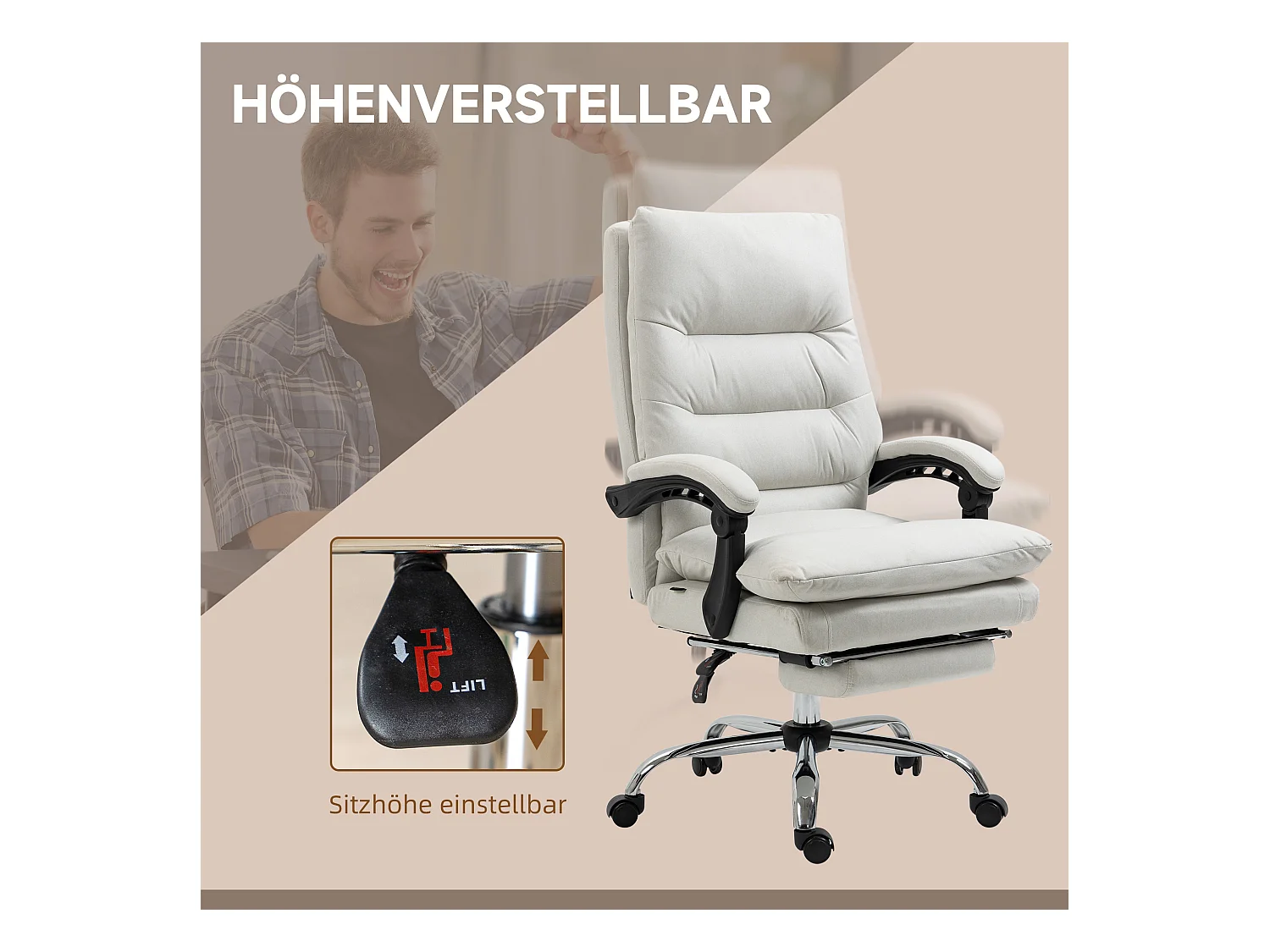 Chaise de bureau avec fonction massage, dossier inclinable à 135°, réglable en hauteur, simili cuir crème (65x72x109-117 cm)