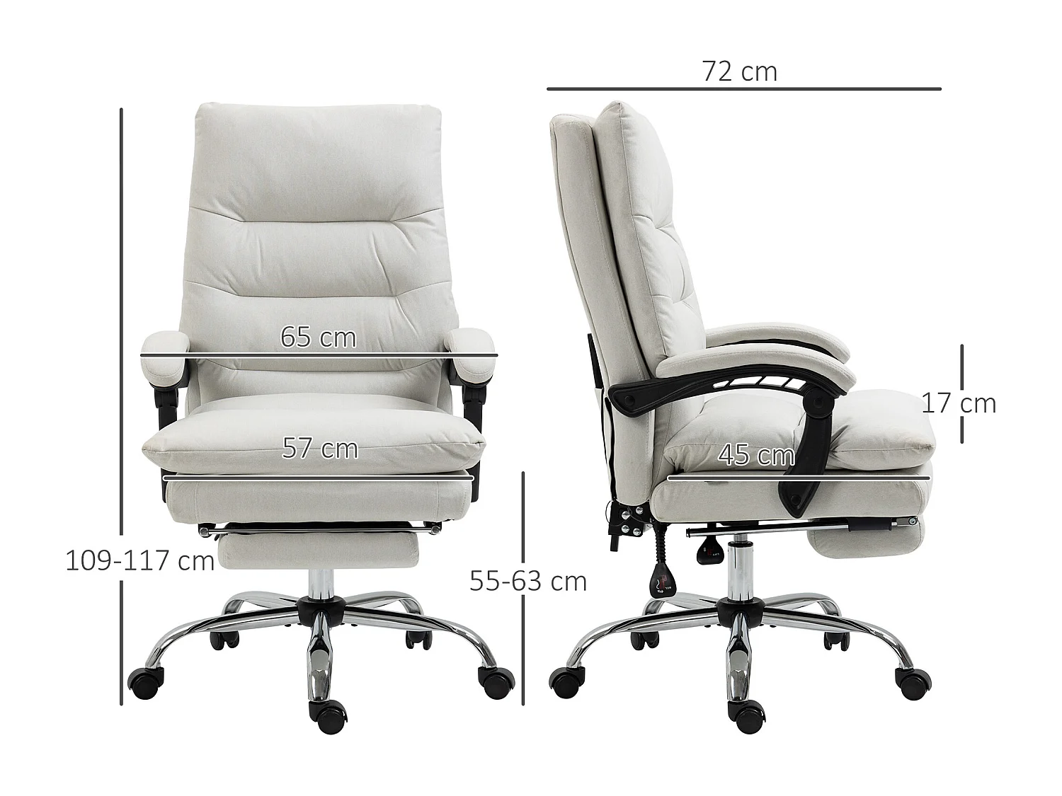 Chaise de bureau avec fonction massage, dossier inclinable à 135°, réglable en hauteur, simili cuir crème (65x72x109-117 cm)