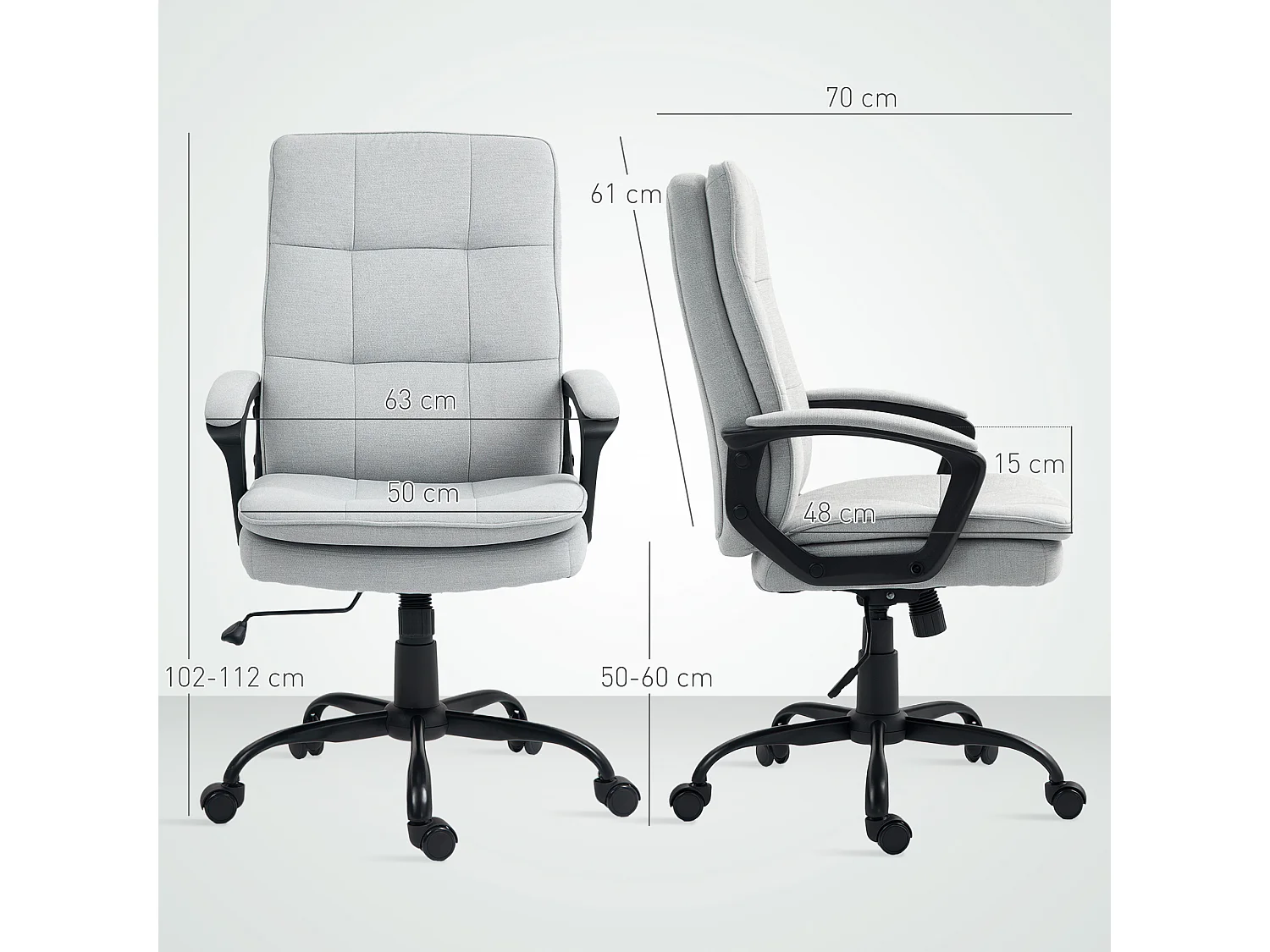 Chaise de bureau ergonomique avec accoudoirs, fonction basculante, tissu en lin, gris (63x70x112 cm)