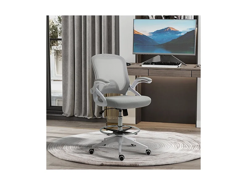 Fauteuil de bureau ergonomique avec appui-tête, repose-pieds, tissu maillé, gris clair (64x60x126 cm)