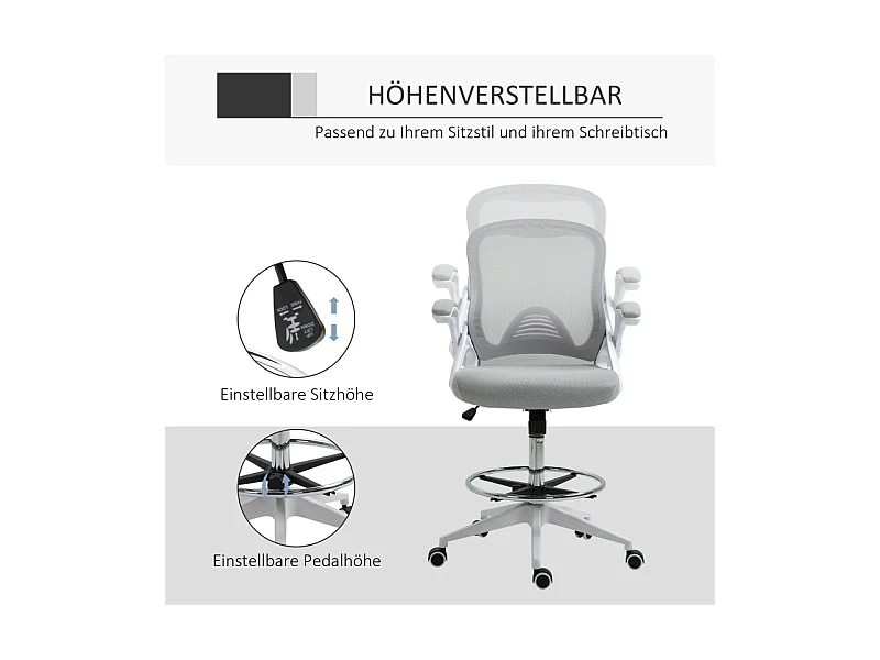 Fauteuil de bureau ergonomique avec appui-tête, repose-pieds, tissu maillé, gris clair (64x60x126 cm)