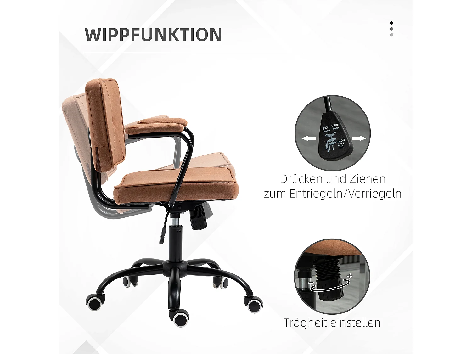 Retro bureaustoel, in hoogte verstelbaar, met schommelstoel, schuim, bruin (61x58x82-91 cm)