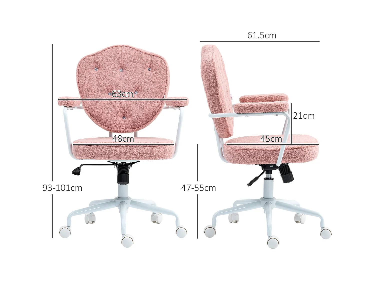 Fauteuil de bureau ergonomique avec fonction bascule, tissu teddy, rose (63x61.5x93-101cm)