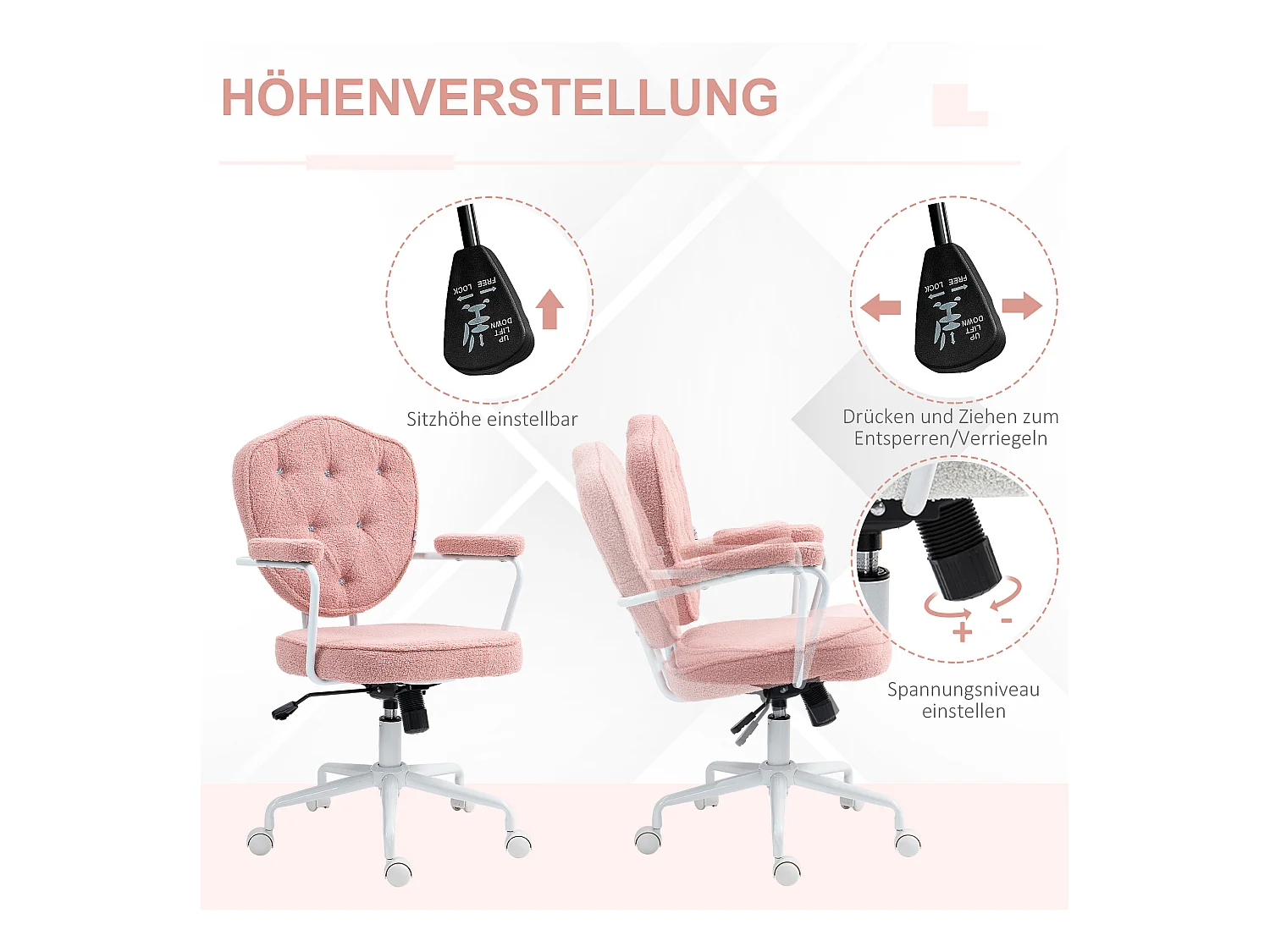 Fauteuil de bureau ergonomique avec fonction bascule, tissu teddy, rose (63x61.5x93-101cm)