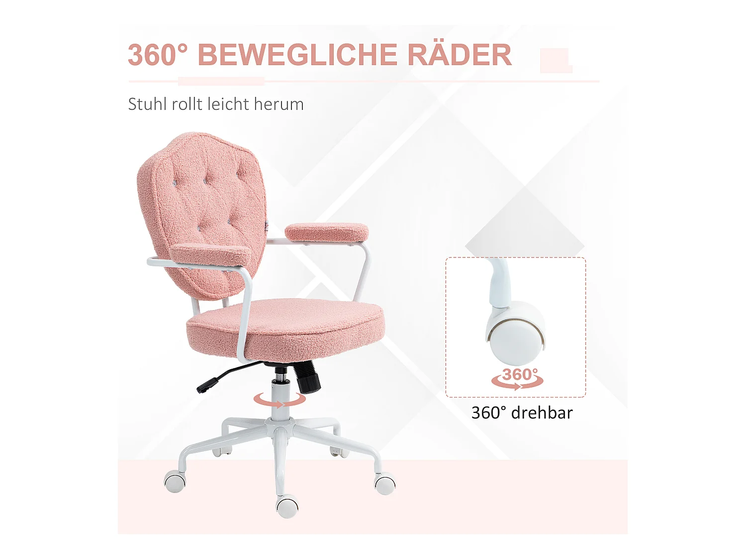 Fauteuil de bureau ergonomique avec fonction bascule, tissu teddy, rose (63x61.5x93-101cm)