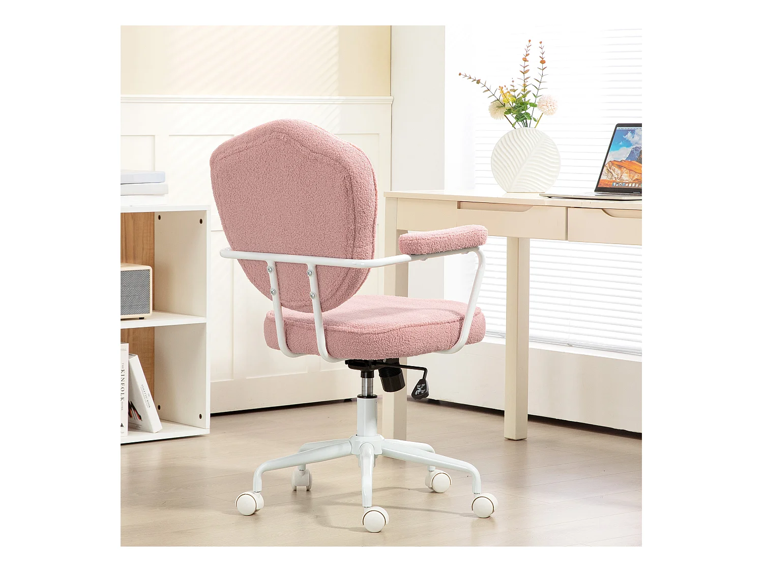 Fauteuil de bureau ergonomique avec fonction bascule, tissu teddy, rose (63x61.5x93-101cm)