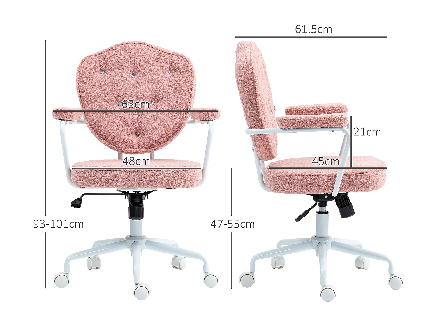 Fauteuil de bureau ergonomique avec fonction bascule, tissu teddy, rose (63x61.5x93-101cm)