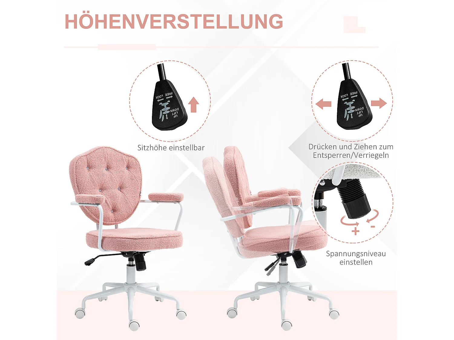 Fauteuil de bureau ergonomique avec fonction bascule, tissu teddy, rose (63x61.5x93-101cm)