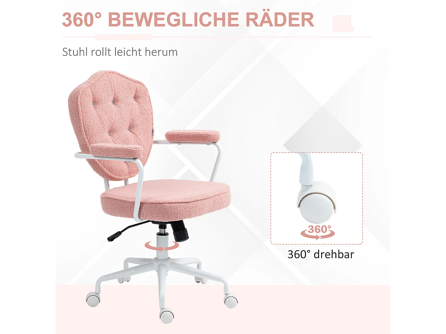 Fauteuil de bureau ergonomique avec fonction bascule, tissu teddy, rose (63x61.5x93-101cm)