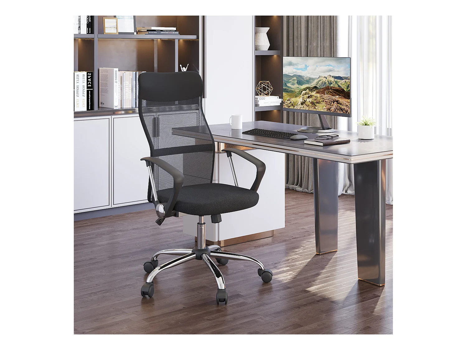 Fauteuil de bureau ergonomique avec dossier en maille, réglable en hauteur, fonction bascule, mousse, noir (63x65x109-119cm)