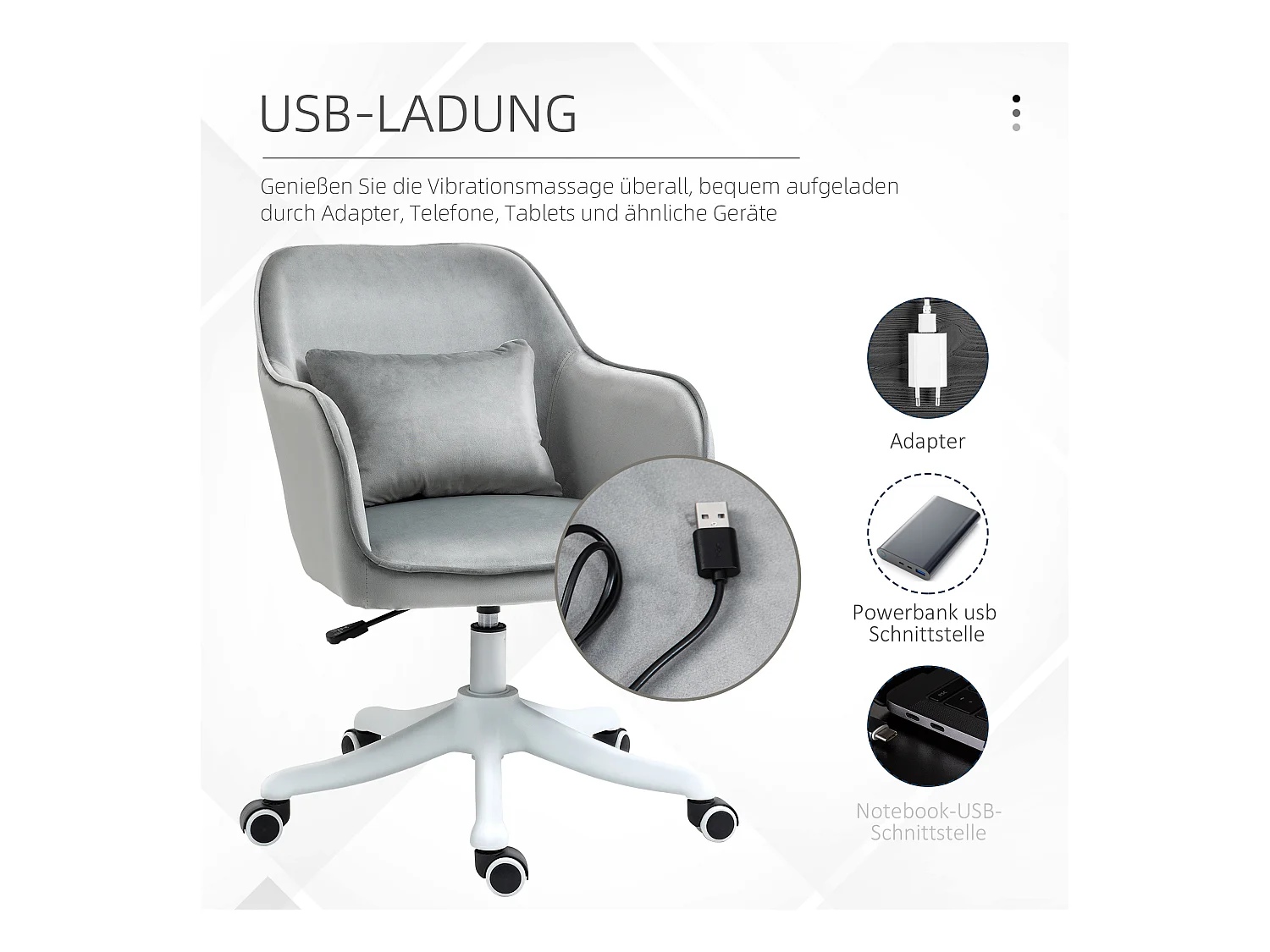 Fauteuil de bureau pivotant avec fonction massage, velours, gris (57x70x78-86cm)