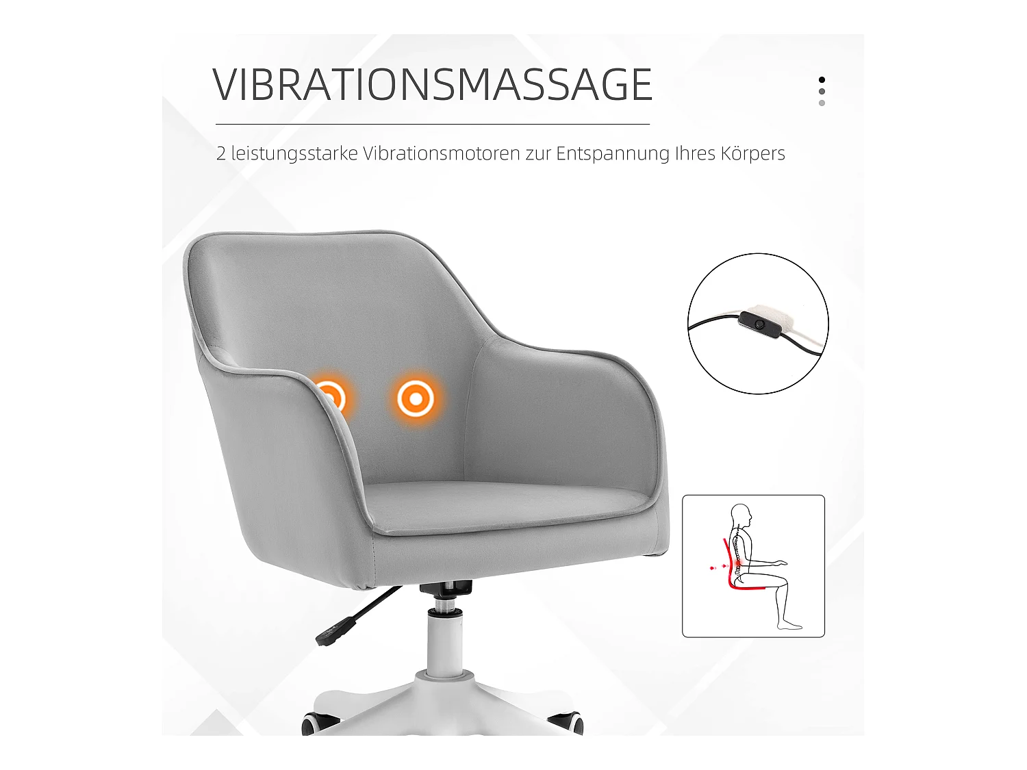 Fauteuil de bureau pivotant avec fonction massage, velours, gris (57x70x78-86cm)