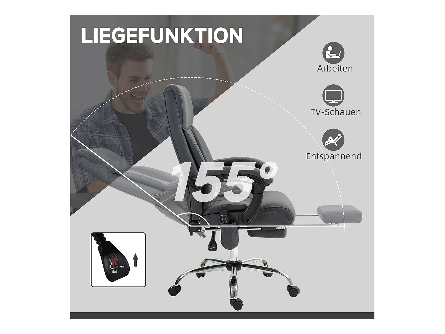 Chaise de bureau ergonomique avec fonction massage, en tissu polyester, gris foncé, réglable en hauteur (65x74x119 cm)