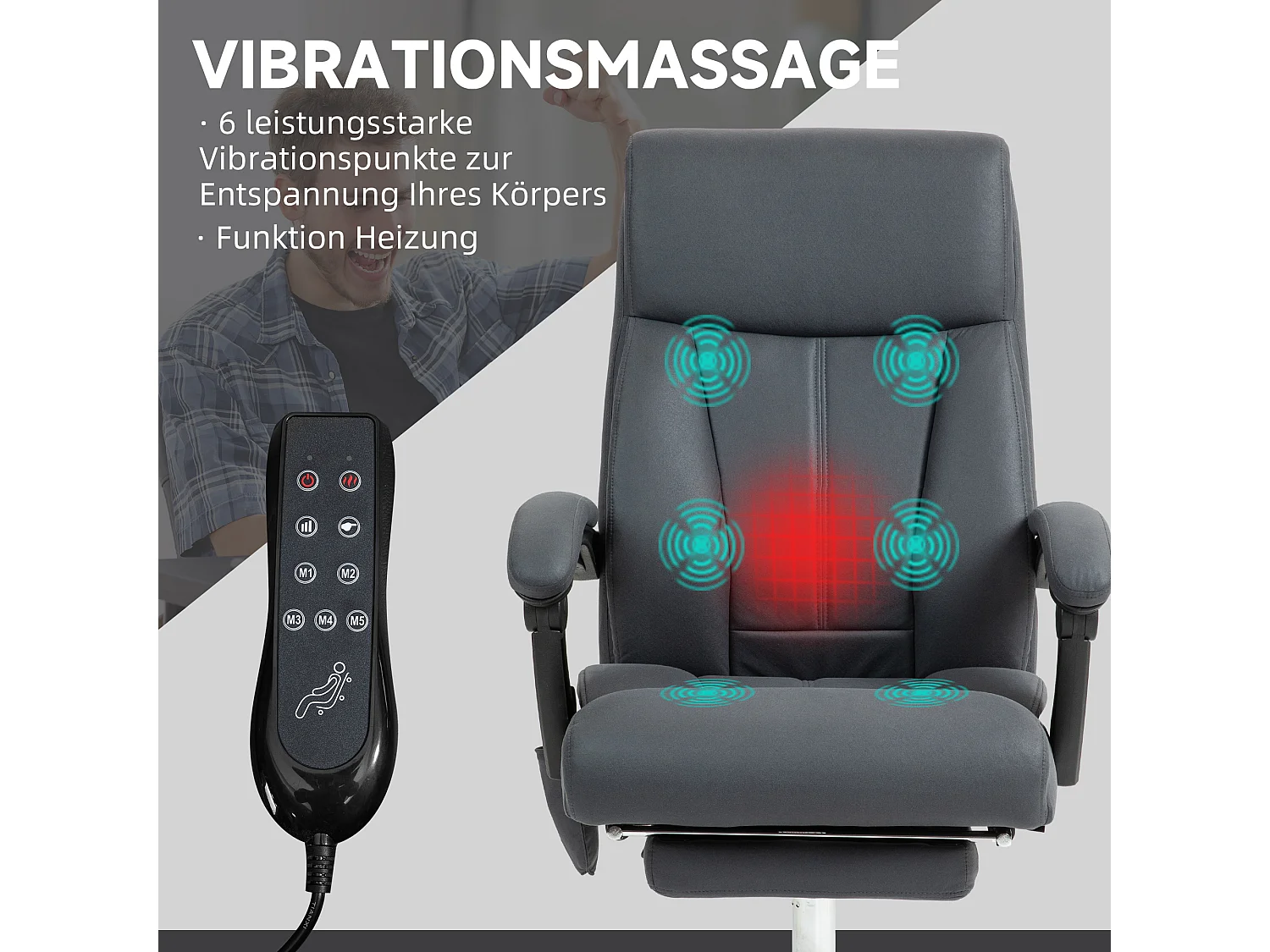 Chaise de bureau ergonomique avec fonction massage, en tissu polyester, gris foncé, réglable en hauteur (65x74x119 cm)