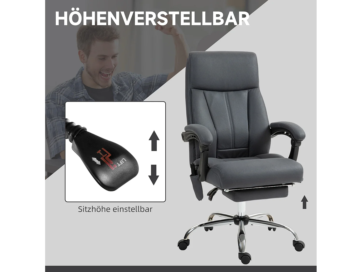 Chaise de bureau ergonomique avec fonction massage, en tissu polyester, gris foncé, réglable en hauteur (65x74x119 cm)