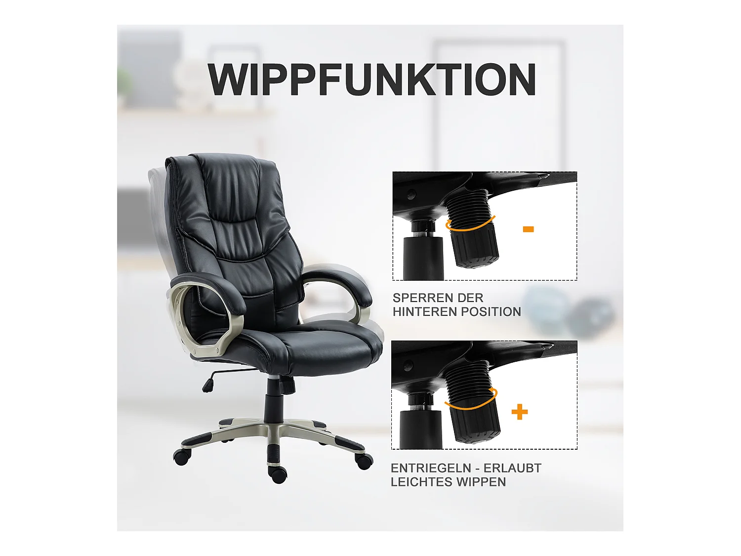 Chaise de Bureau Ergonomique, Réglable en Hauteur, Fonction Bascule, Métal et Cuir Synthétique, Noir, (70x58x114–124 cm)